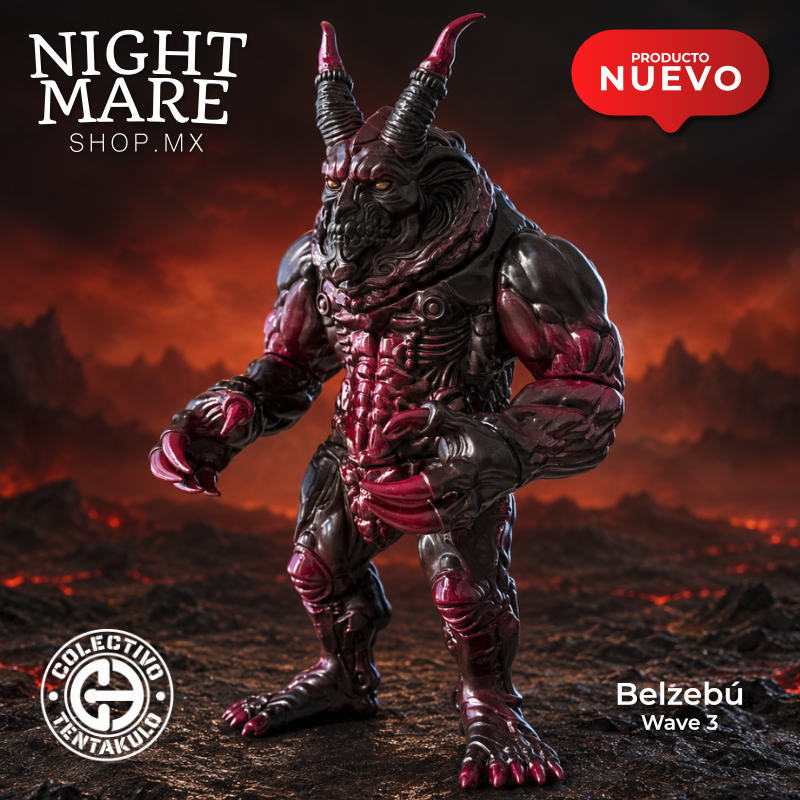 Belzebú Wave 3 de Colectivo Tentákulo, Art Toy de vinilo rojo y negro con cuernos y garras, vista frontal de tres cuartos.
