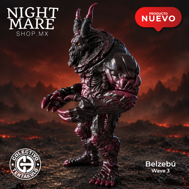Belzebú Wave 3, figura de vinilo rojo y negro en vista lateral de tres cuartos hacia la izquierda.