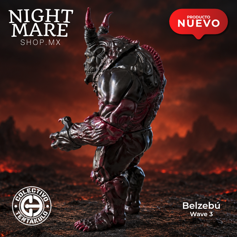Belzebú Wave 3, Art Toy de vinilo en perfil izquierdo, con cuernos acanalados y garras esculpidas.