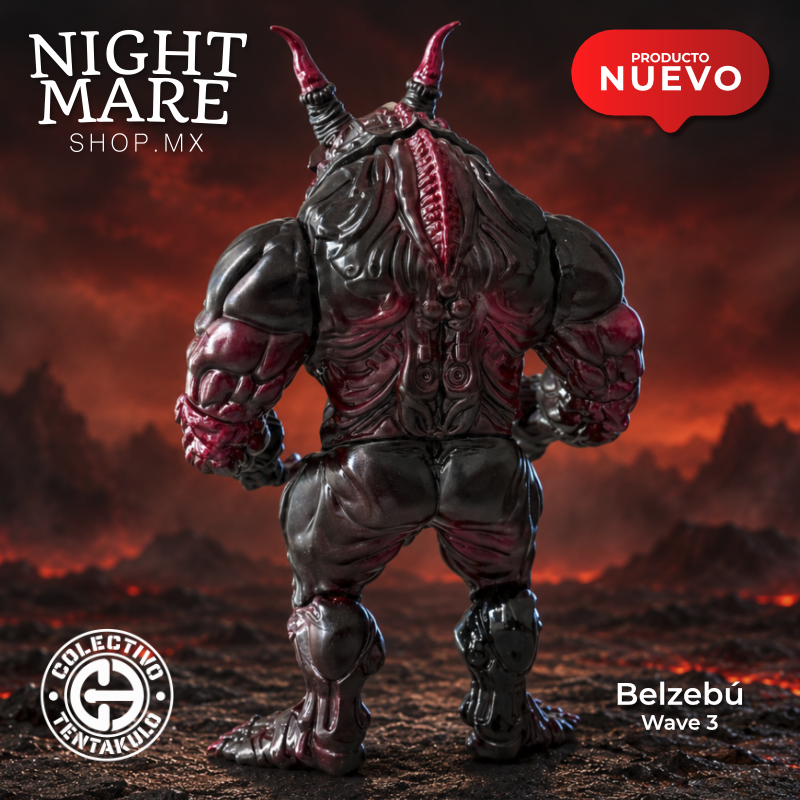 Belzebú Wave 3, vista posterior de la figura roja y negra con relieve de la espalda y articulaciones.