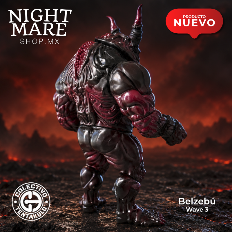 Belzebú Wave 3, vista posterior de tres cuartos con textura moldeada y cuernos en rojo y negro.