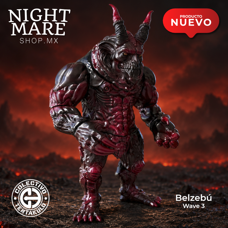 Belzebú Wave 3, Art Toy rojo y negro en vista frontal de tres cuartos hacia la derecha.