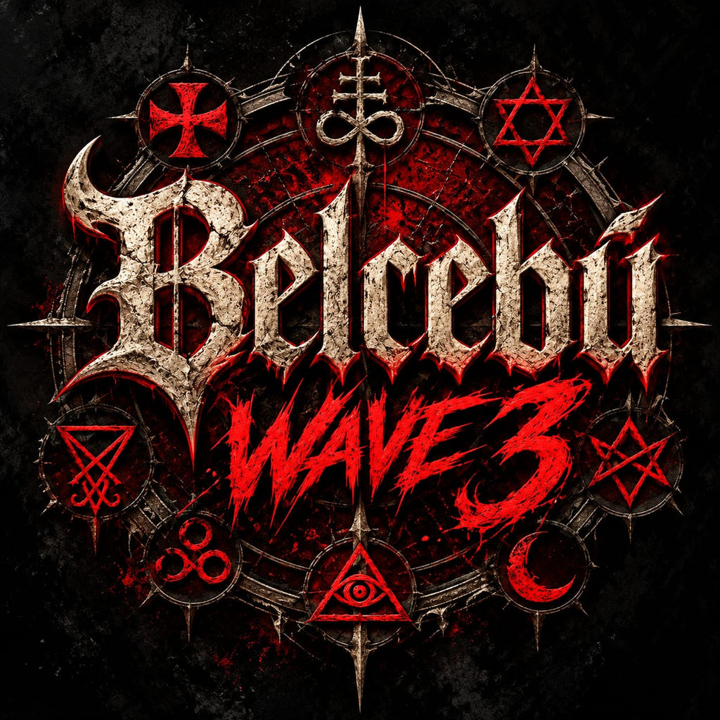 Logotipo «Belcebú Wave 3» con letras góticas metálicas, símbolos rojos y fondo negro.