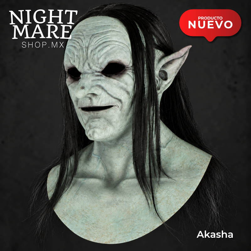 Máscara Akasha Hyper Mask de Ghoulish Productions, vista de tres cuartos con cabello negro y orejas puntiagudas