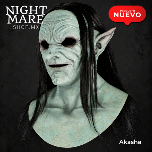 Máscara Akasha Hyper Mask de Ghoulish Productions, vista de tres cuartos con cabello negro y orejas puntiagudas