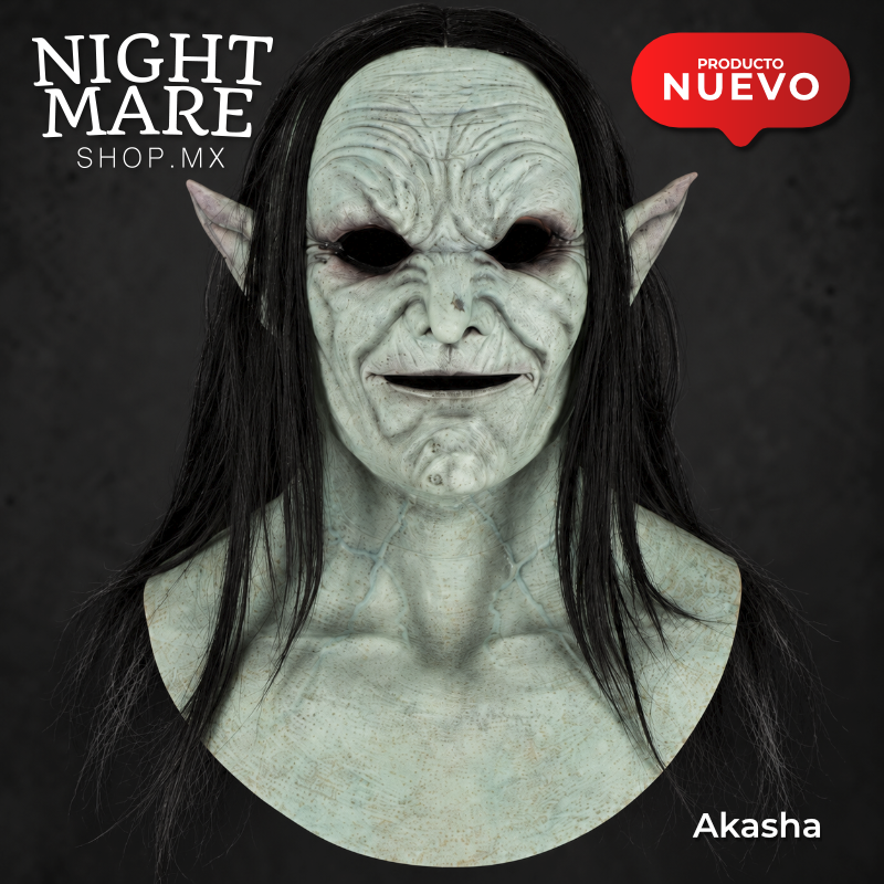 Máscara Akasha Hyper Mask, vista frontal del rostro verde grisáceo, cabello negro y pechera