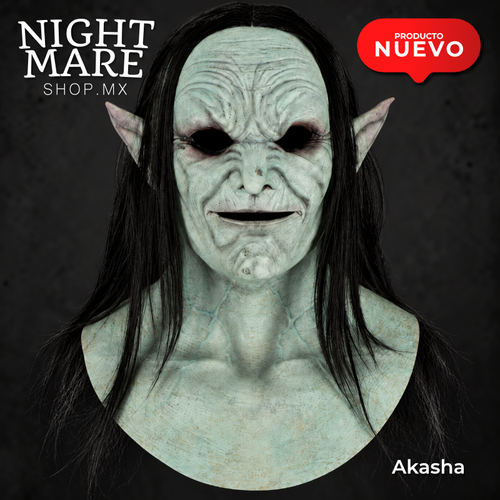 Máscara Akasha Hyper Mask, vista frontal del rostro verde grisáceo, cabello negro y pechera