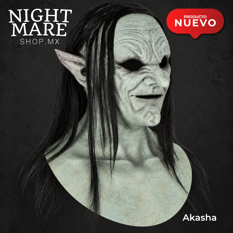 Máscara Akasha Hyper Mask de Ghoulish Productions, vista de tres cuartos con oreja puntiaguda y pechera