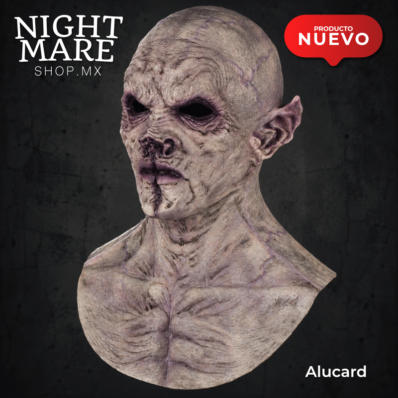 Máscara Alucard Hyper Mask, vista principal del rostro arrugado, cabeza calva, orejas puntiagudas y pechera