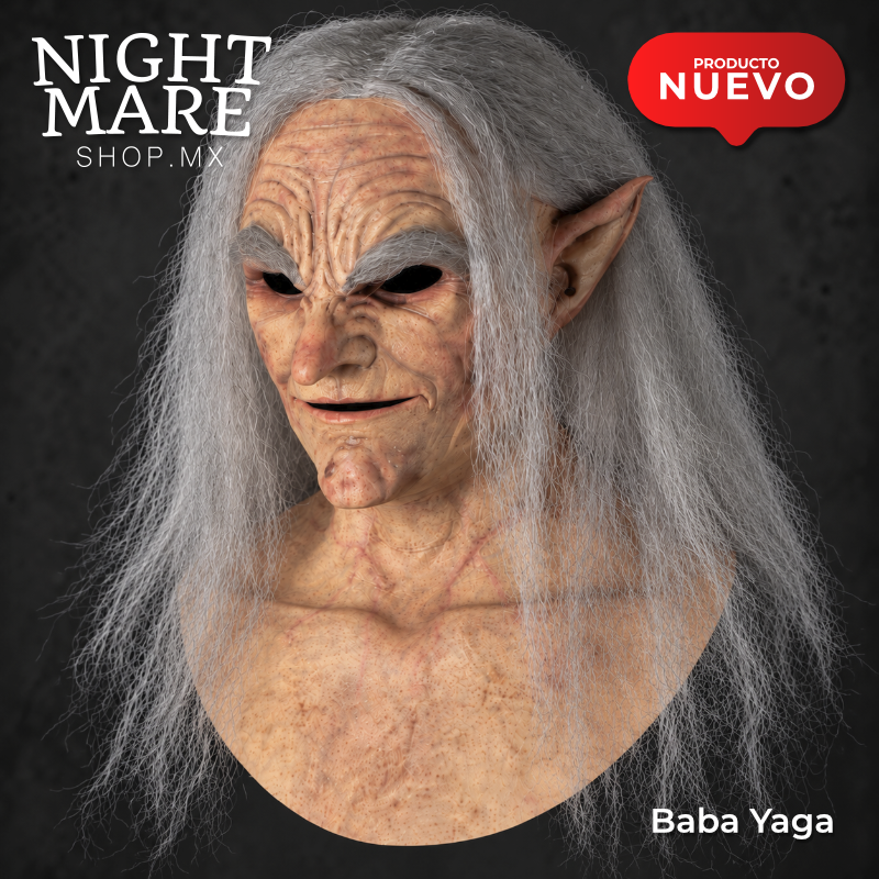 Máscara Baba Yaga Hyper Mask, vista principal con rostro envejecido, cabello gris y orejas puntiagudas