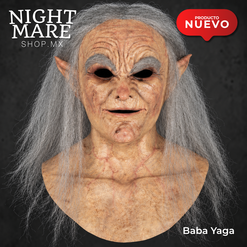 Máscara Baba Yaga Hyper Mask, vista frontal del rostro arrugado, las orejas puntiagudas y el cabello gris