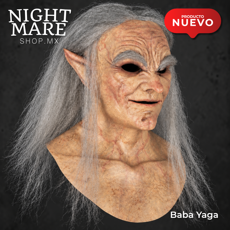 Máscara Baba Yaga Hyper Mask, vista de tres cuartos del rostro, mentón marcado, cuello y pechera