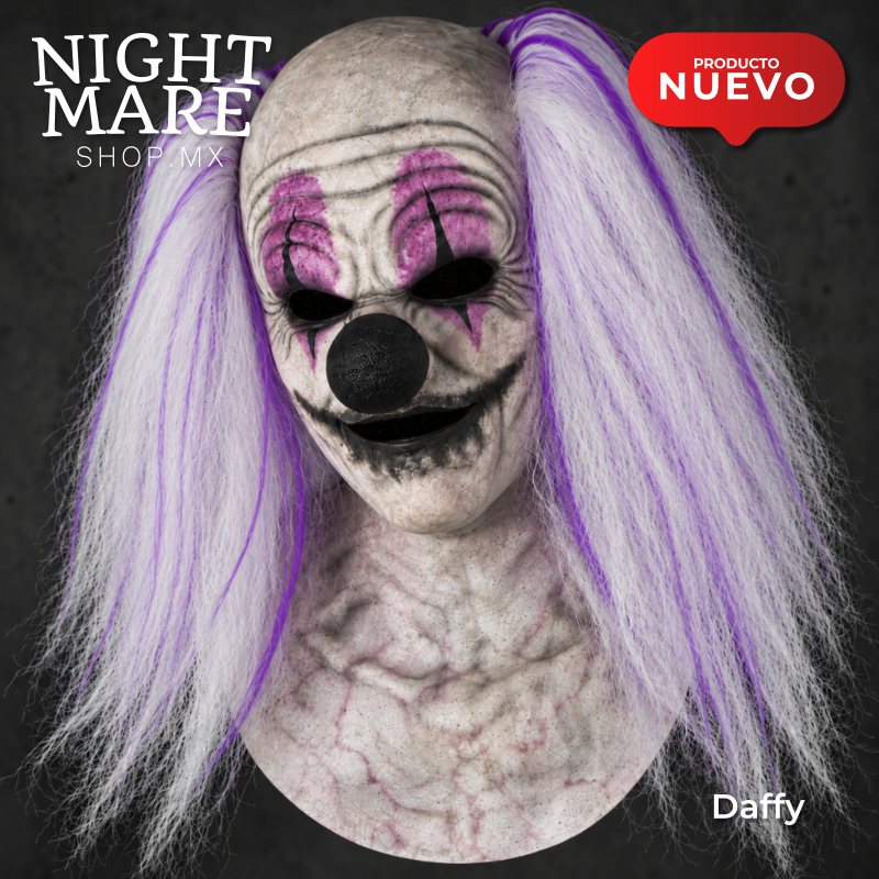 Máscara Daffy Hyper Mask, vista principal del payaso con maquillaje fucsia y negro, nariz negra y cabello blanco con morado