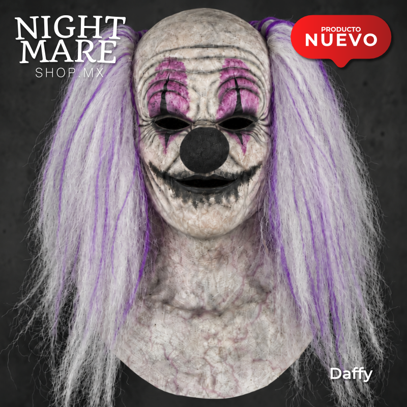 Máscara Daffy Hyper Mask, vista frontal del payaso con nariz negra, maquillaje fucsia, cuello y pechera integrados