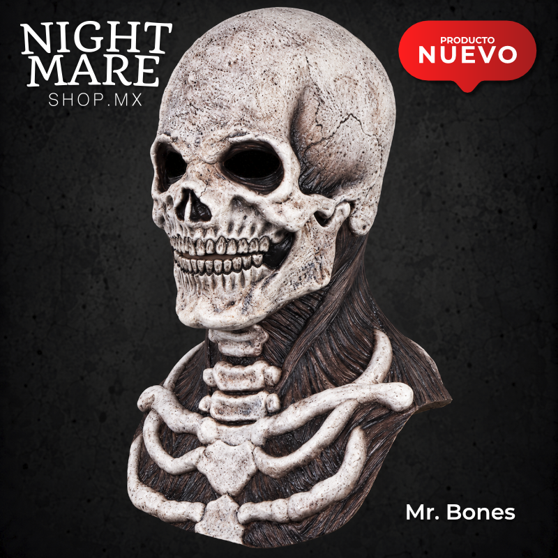Máscara Mr. Bones Hyper Mask, vista principal de la calavera en tono marfil, cuello y pechera con relieves anatómicos