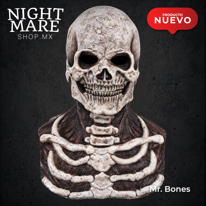 Máscara Mr. Bones Hyper Mask, vista frontal del cráneo envejecido, dentadura, vértebras y costillas