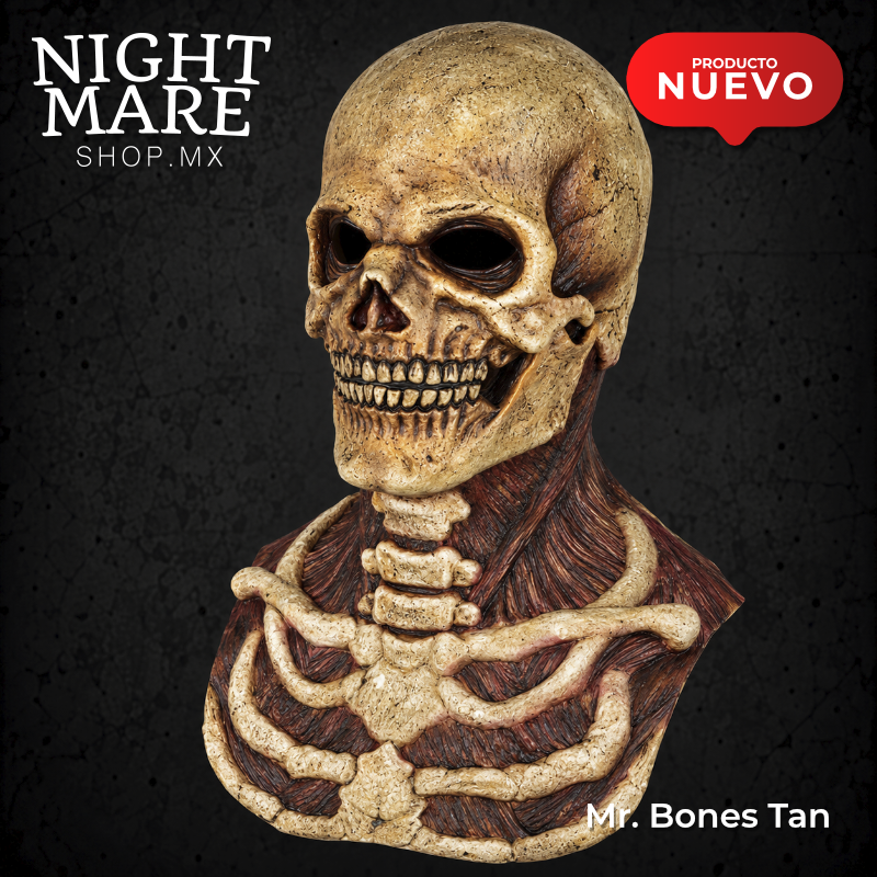Máscara Mr. Bones Tan Hyper Mask, vista principal del cráneo envejecido, cuello y pechera con relieves de huesos