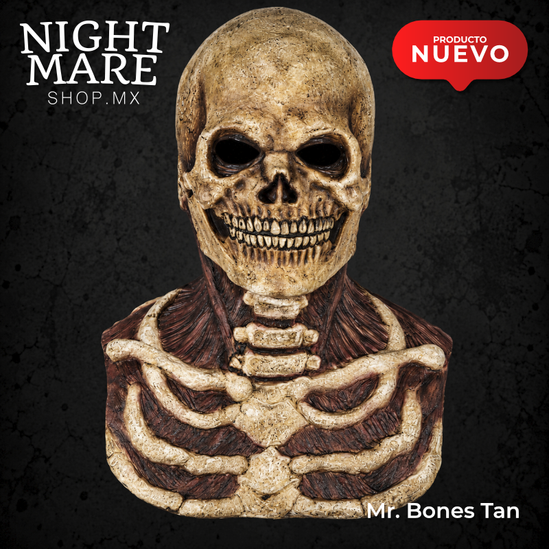 Máscara Mr. Bones Tan Hyper Mask, vista frontal de la calavera, dentadura, vértebras y costillas