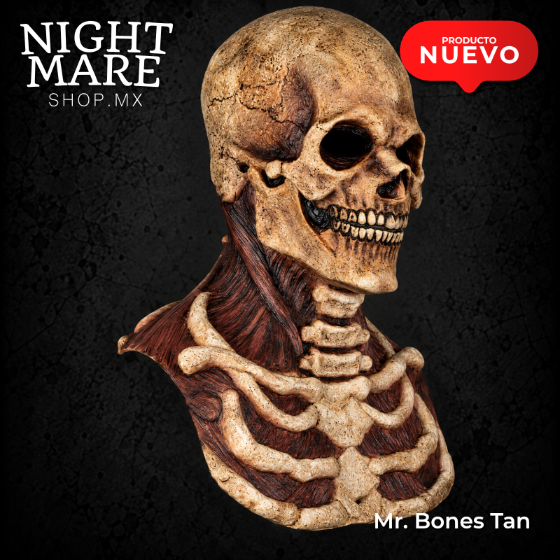 Máscara Mr. Bones Tan Hyper Mask, vista de tres cuartos del cráneo y los detalles anatómicos del cuello y la pechera