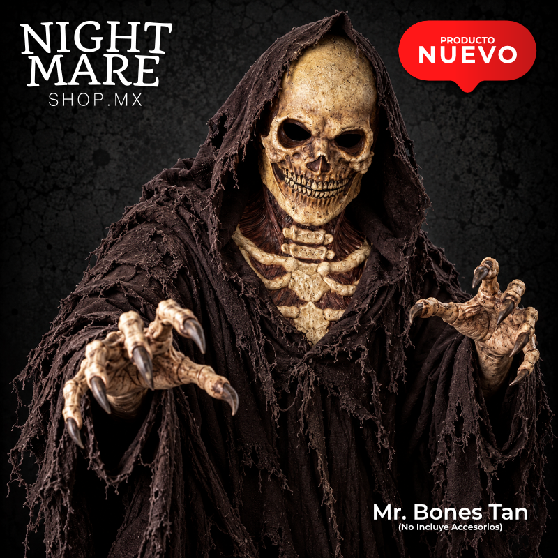 Ejemplo de caracterización con máscara Mr. Bones Tan Hyper Mask; túnica, manos y accesorios no incluidos