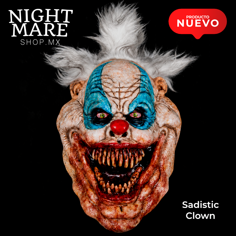 Máscara Sadistic Clown, vista frontal con nariz roja, ojos verdes y gran sonrisa de dientes envejecidos