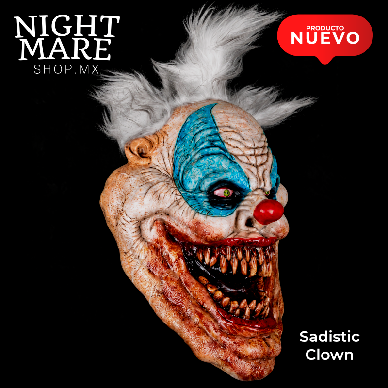 Máscara Sadistic Clown, vista de tres cuartos del maquillaje turquesa y la mandíbula abierta