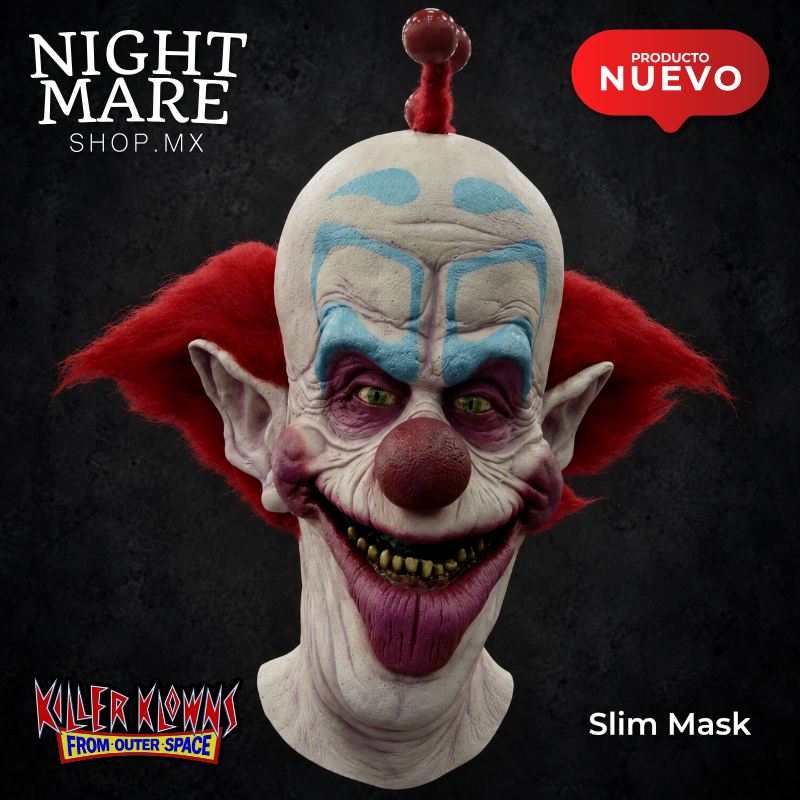 Máscara Slim de Killer Klowns from Outer Space, vista frontal con cabello rojo y maquillaje azul.