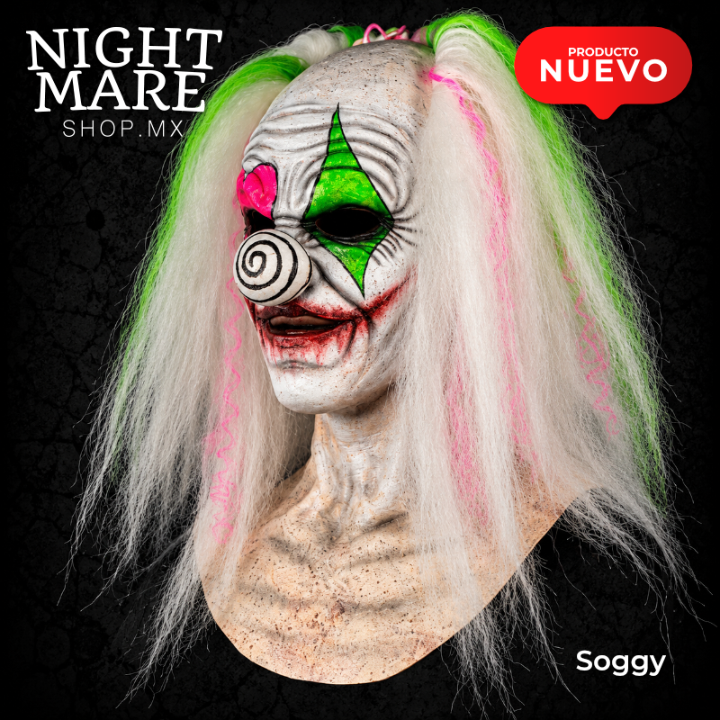 Máscara Soggy Hyper Mask, vista principal del payaso con nariz de espiral y cabello blanco con mechones verdes y rosas