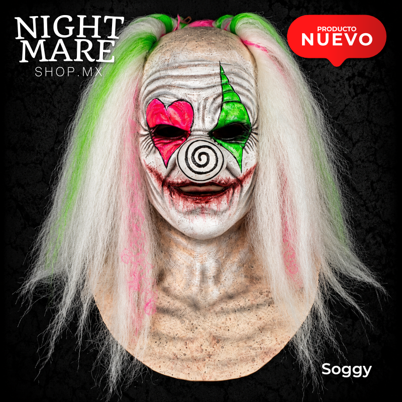 Máscara Soggy Hyper Mask, vista frontal del corazón rosa, rombo verde, nariz de espiral, cuello y pechera